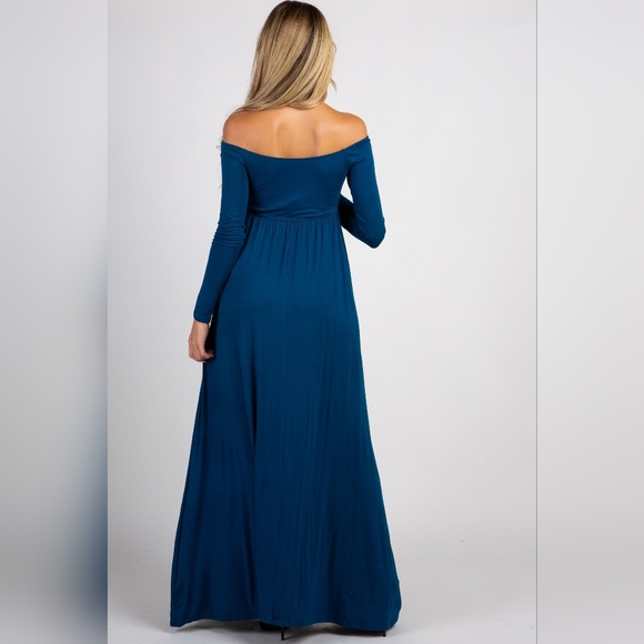 Pinkblush Turquoise Off Shoulder Long Sleeve Jersey Maternity Maxi Dress Medium - Picture 9 of 9